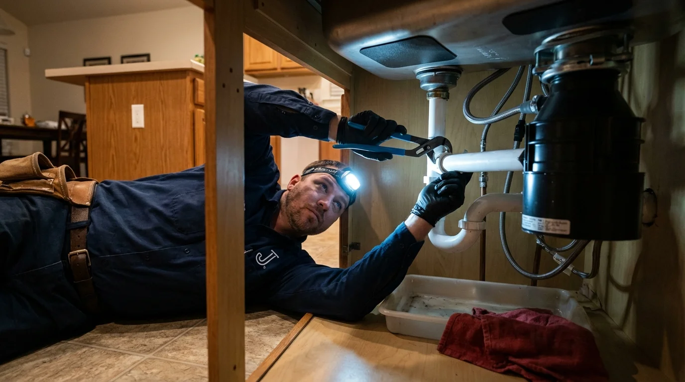 P-trap and supply line connections under a kitchen sink showing a common leak point in Middletown, PA